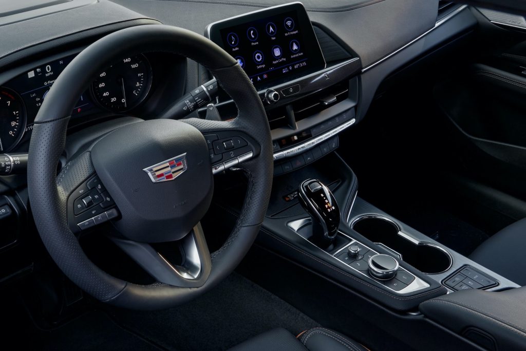 2022 Cadillac CT4-V with 10-speed automatic Electronic Precision Shift shifter features infotainment controls on the center stack as well as on the center console.
