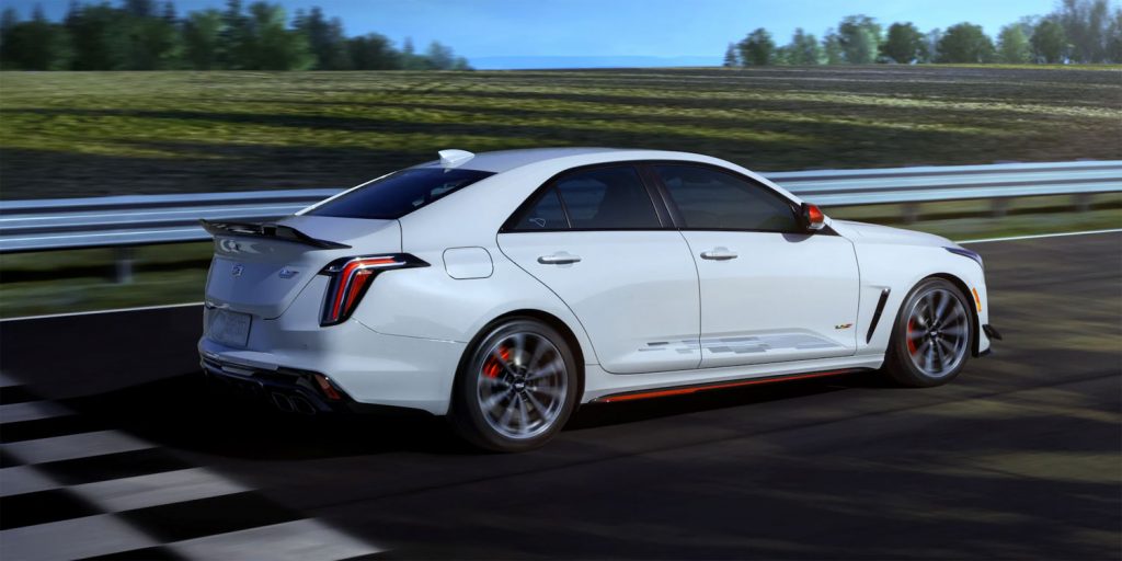 A front three quarters view of the 2023 Cadillac CT4-V Blackwing Road Atlanta IMSA Edition.