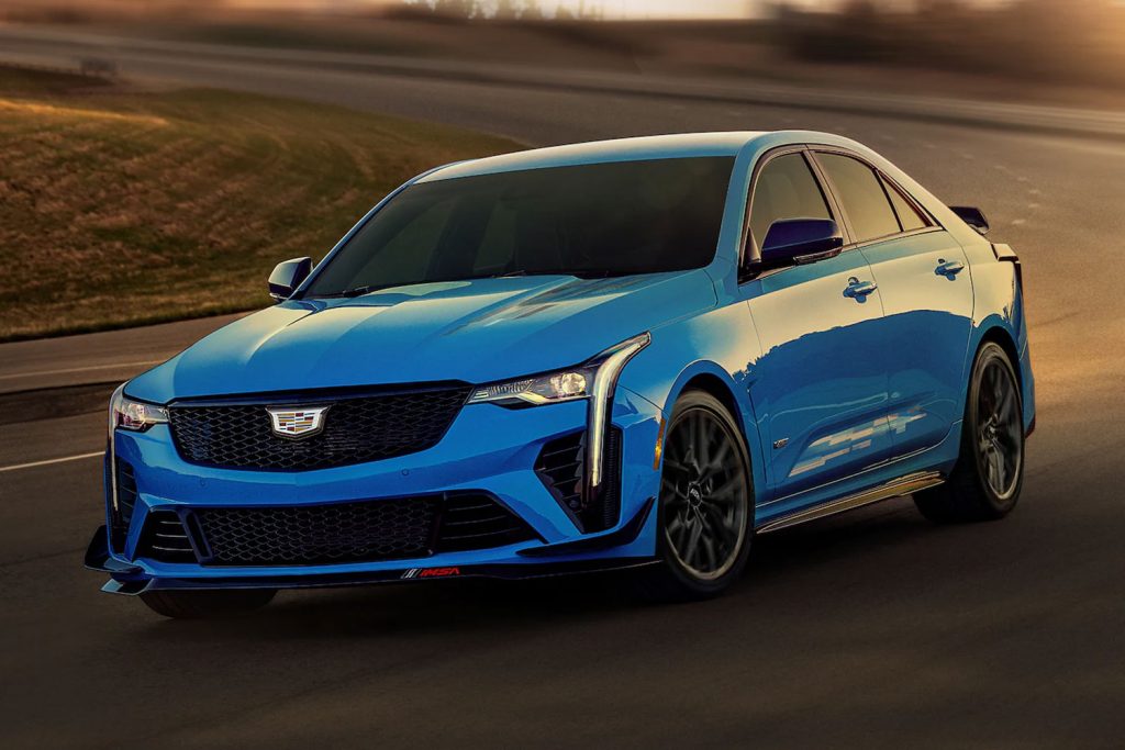 A front three quarters view of the 2023 Cadillac CT4-V Blackwing Watkins Glen IMSA Edition.