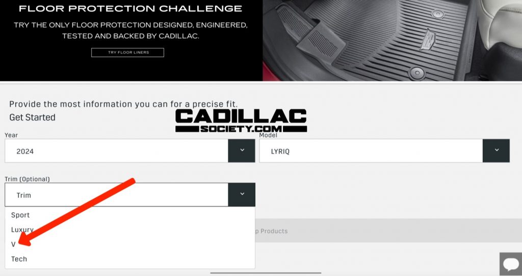 A screen shot of a "V" drop-down on CadillacAccessories.com website, as first noticed by Cadillac Society in March 2023.