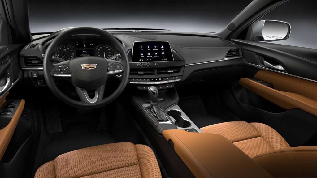 A photo of the 2025 Cadillac CT4 interior in the Cinnamon with Jet Black accents interior colorway.