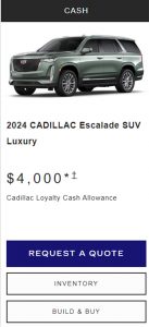 Screenshot of the Cadillac Escalade discount available in October 2024 from Cadillac's website.