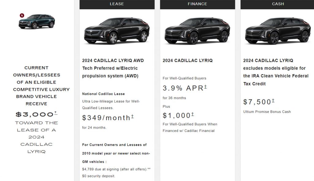 Screenshot of all available Cadillac Lyriq discount offers from Cadillac's website.